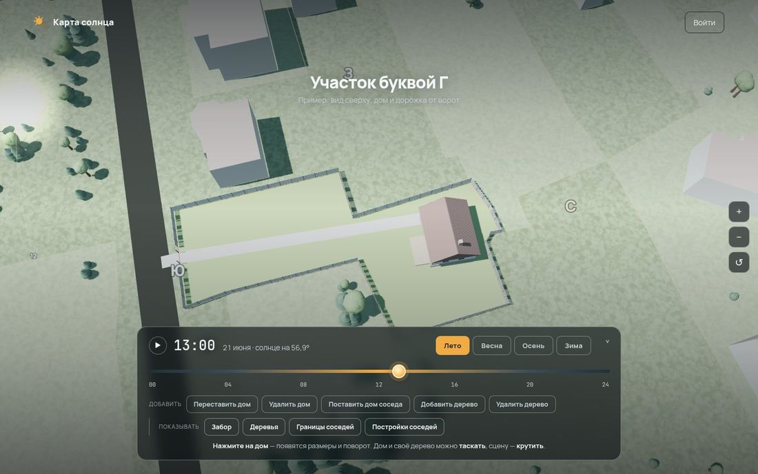 Вид сверху на участок буквой Г летом: дом в дальней части, длинная дорожка от ворот